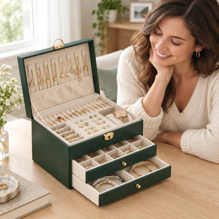 Smiling woman looking at her neatly sorted jewellery in an open green jewellery box with drawers