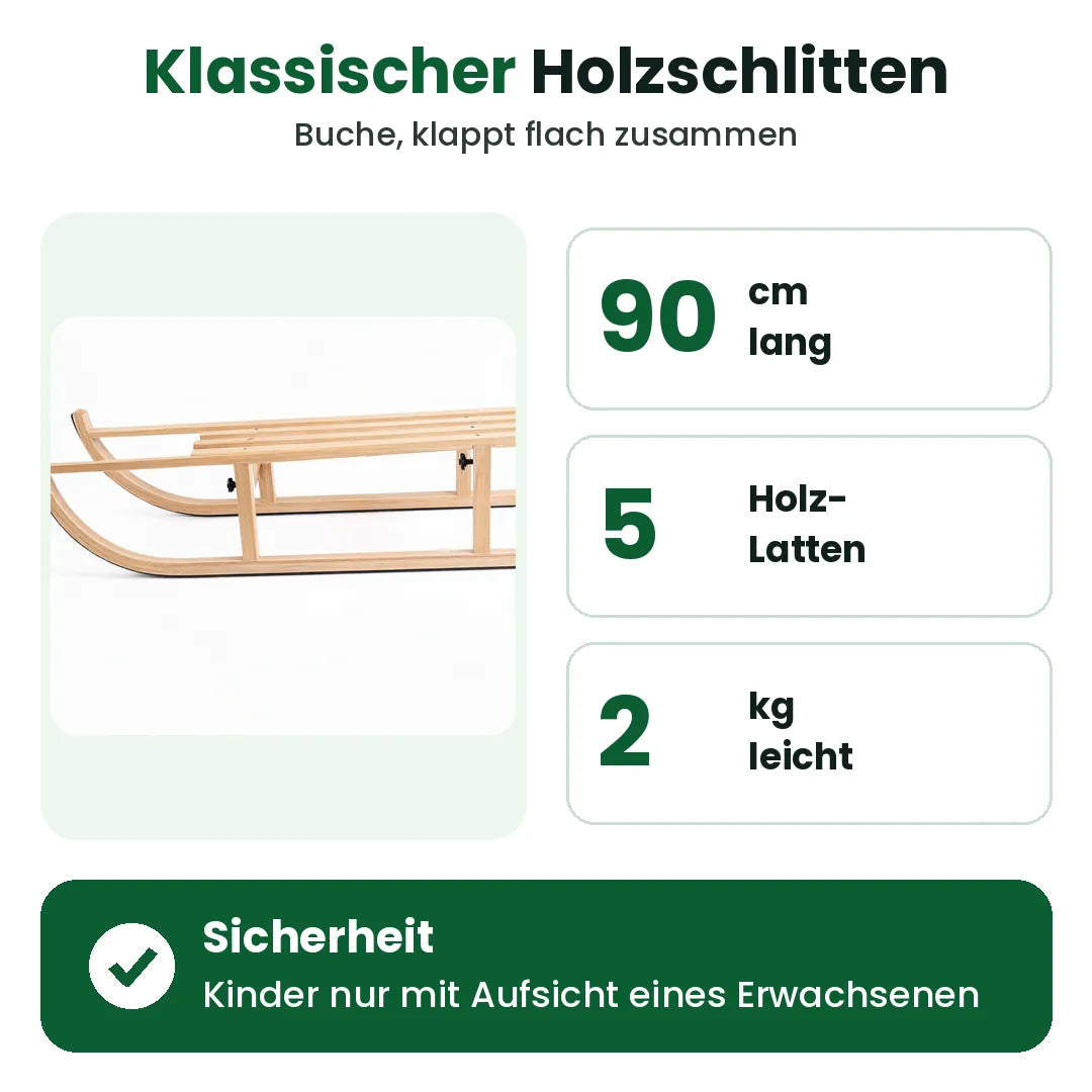 Holzschlitten mit Angaben zu Länge, Sitzlatten und Gewicht