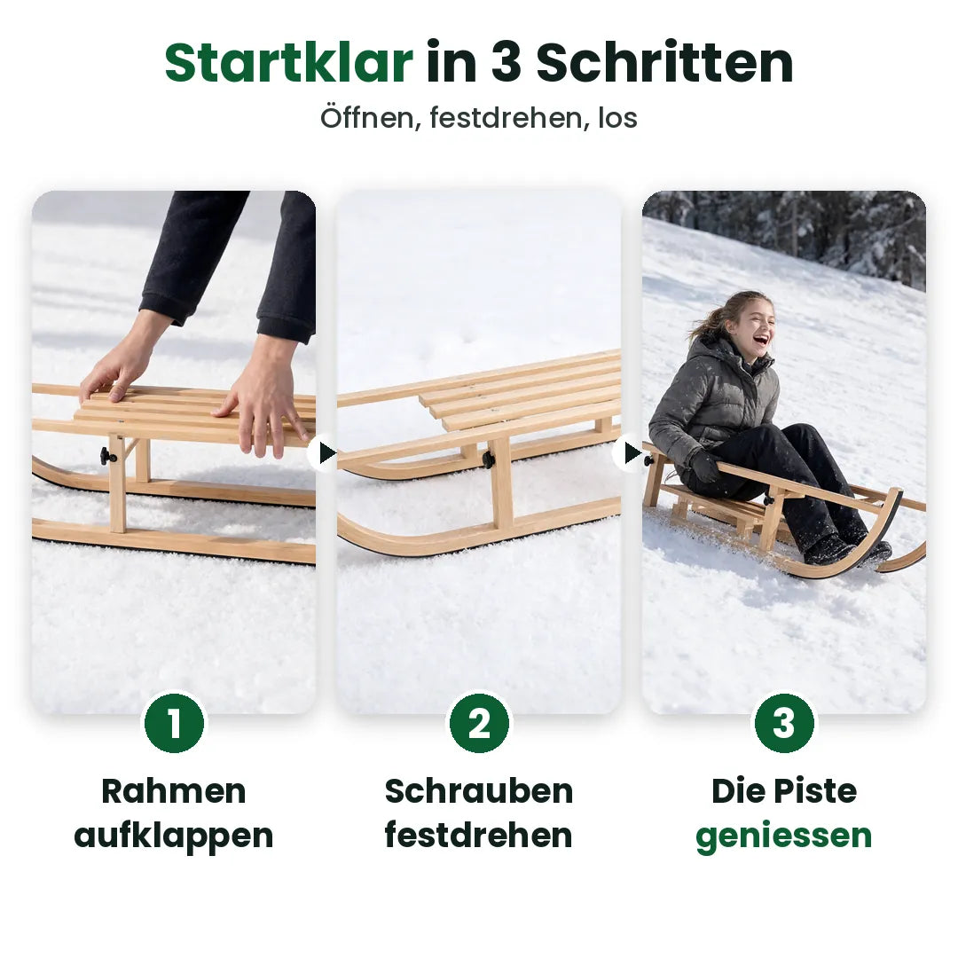 Drei Schritte zum Holzschlitten: öffnen, festdrehen, losfahren