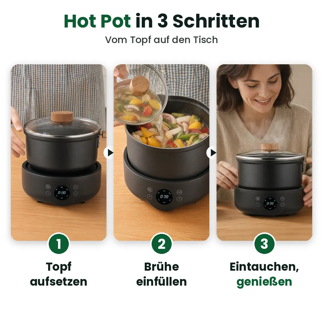 Drei Schritte für den elektrischen Hot Pot: aufstellen, Brühe einfüllen, eintauchen