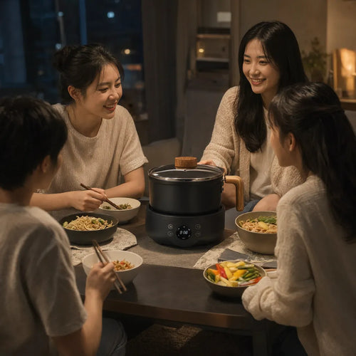 Freunde essen Nudeln rund um einen elektrischen Hot Pot auf einem niedrigen Tisch