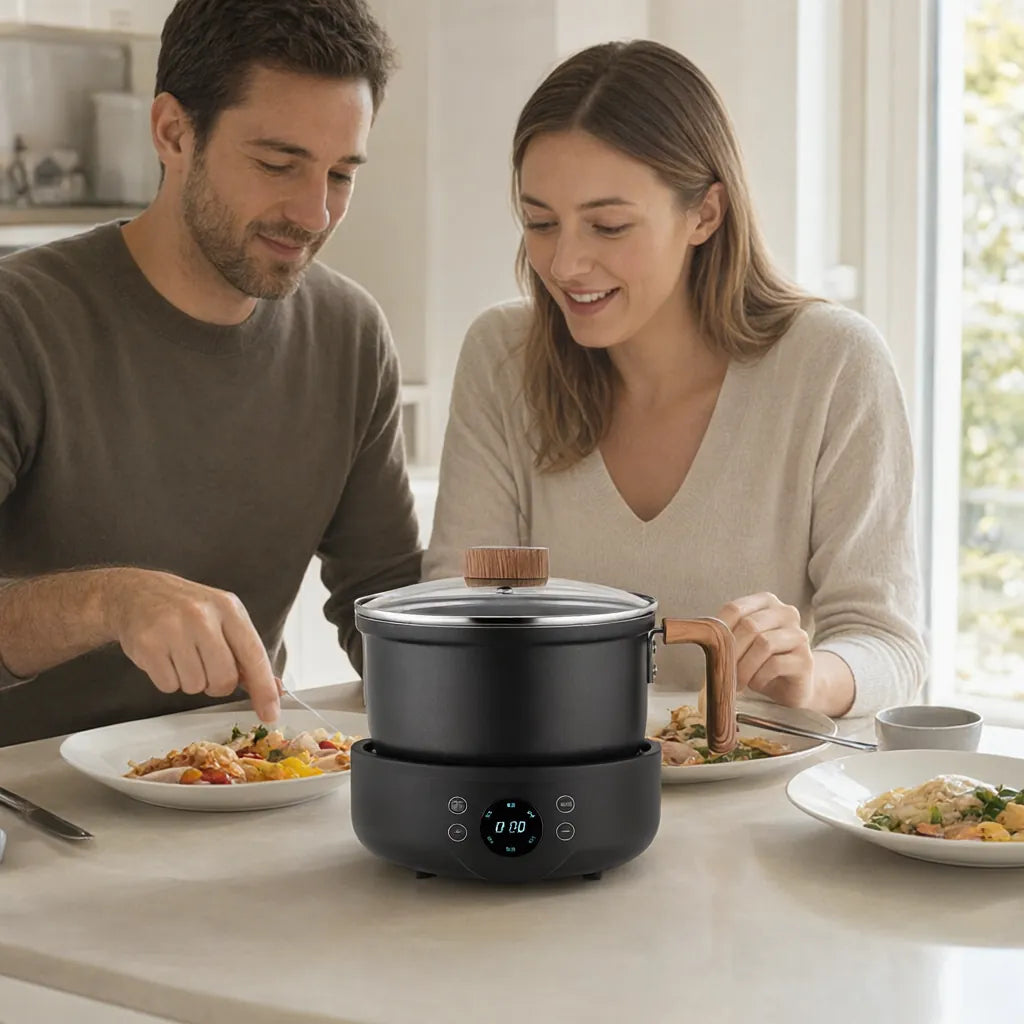 Couple sharing a meal from an electric hot pot at a dining table