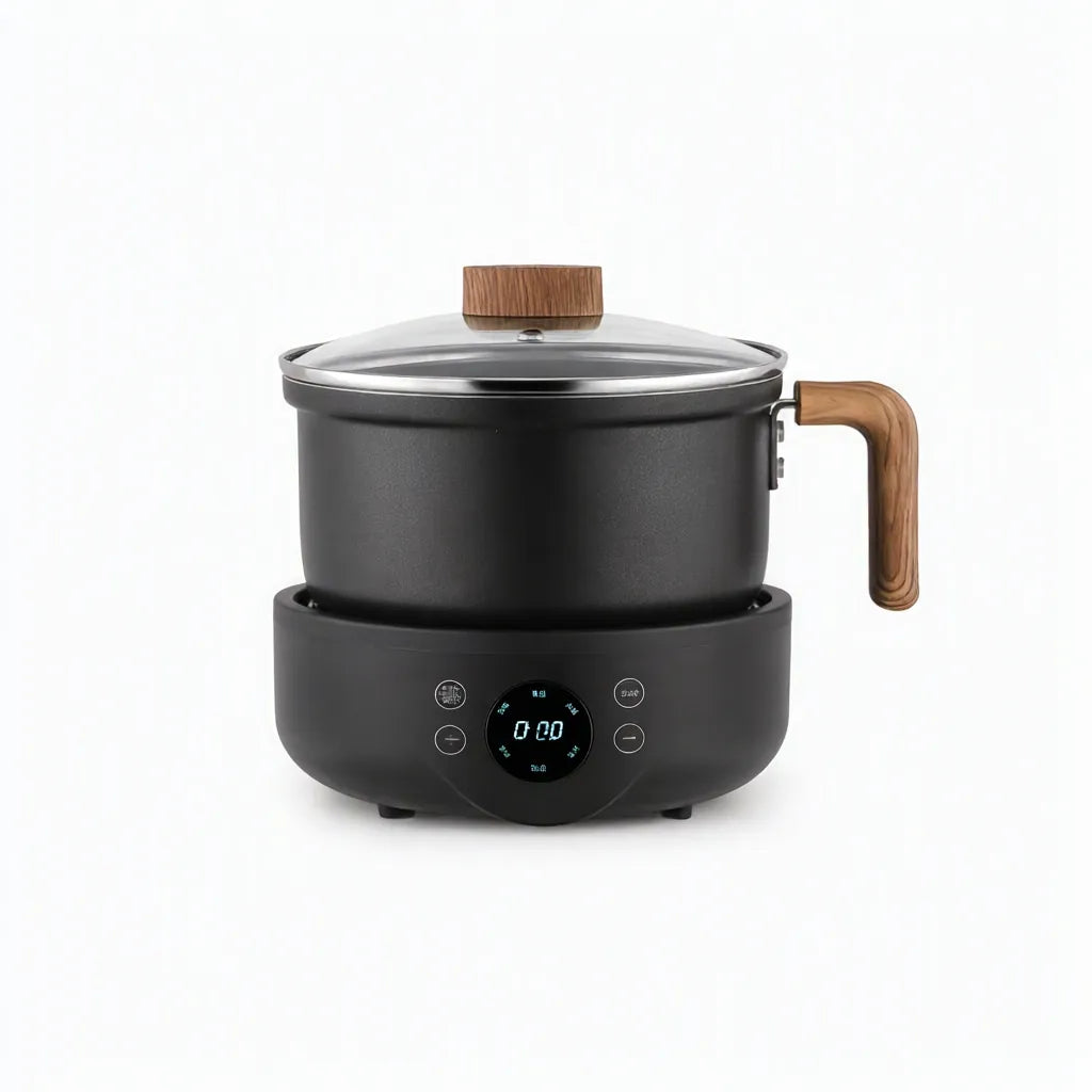 Black electric hot pot with glass lid on a white background