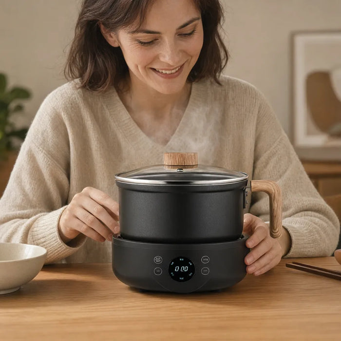 Lächelnde Frau am Tisch vor einem dampfenden elektrischen Hot Pot für Fondue Chinoise