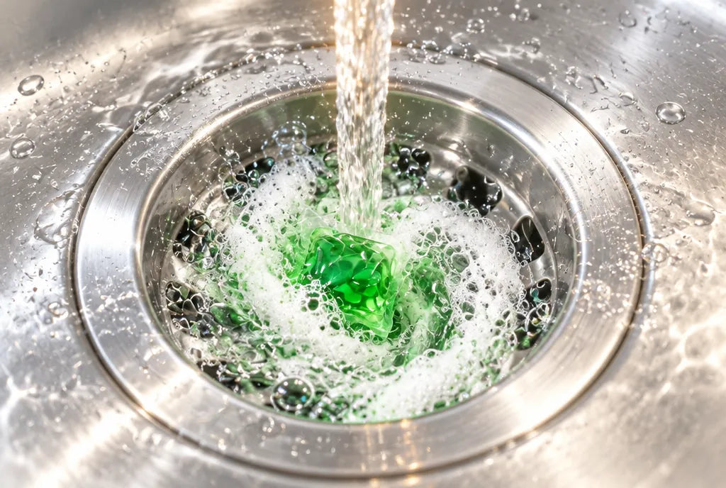 Cápsula PipeFresh Adiós Olor disolviéndose en espuma en la coladera de la tarja