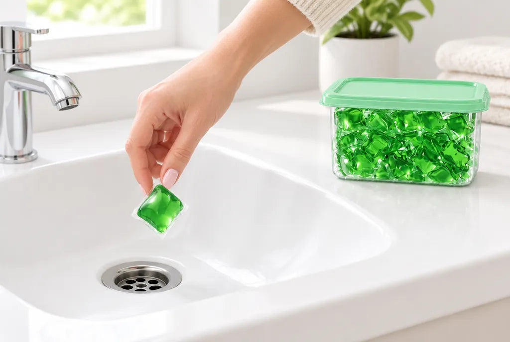 Mano echando una cápsula PipeFresh Adiós Olor en la coladera del lavabo