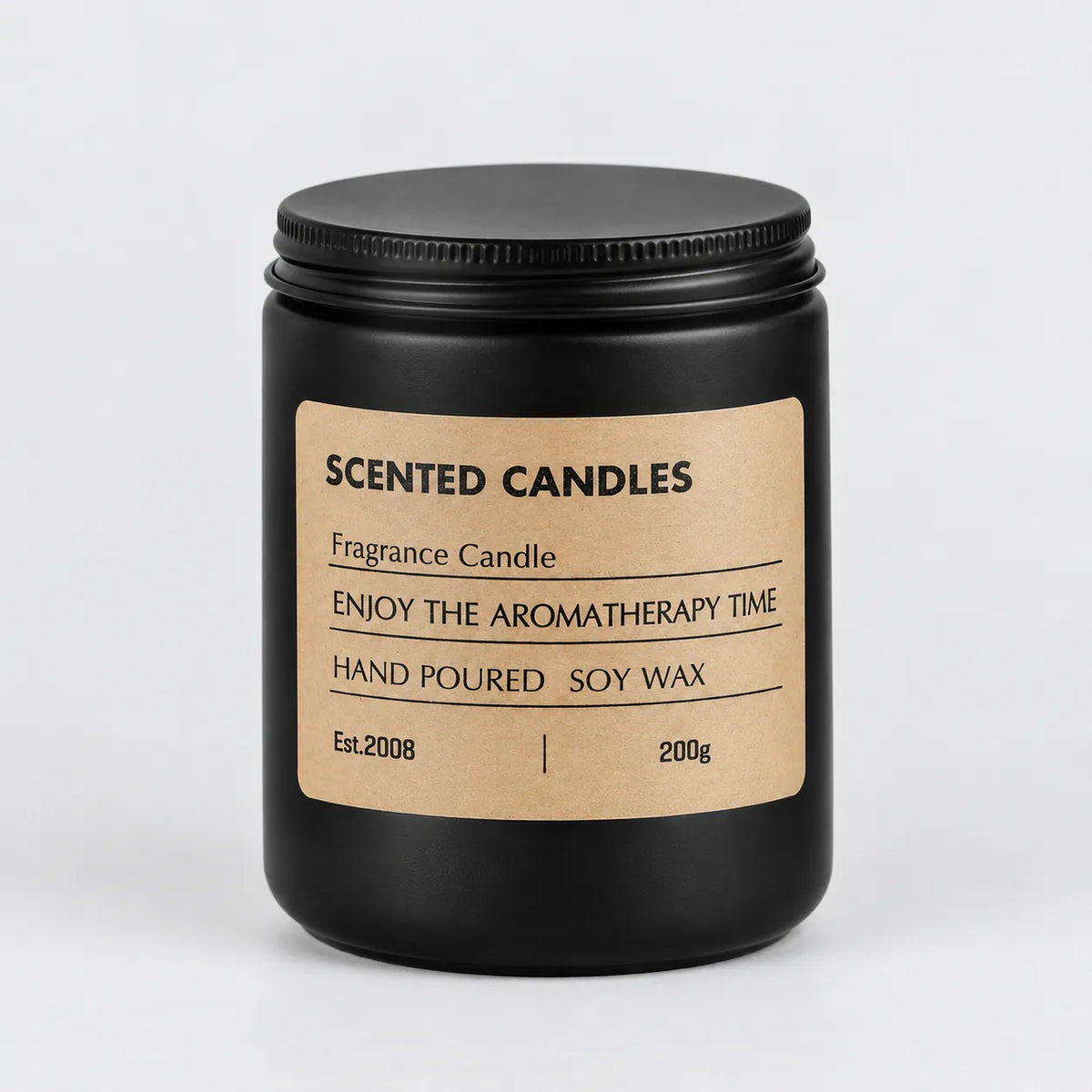 Black glass jar scented soy wax candle with lid on a grey surface