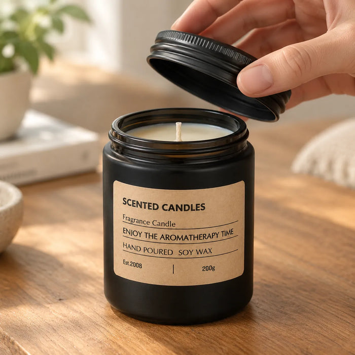 Hand unscrewing the black lid of a scented soy candle jar