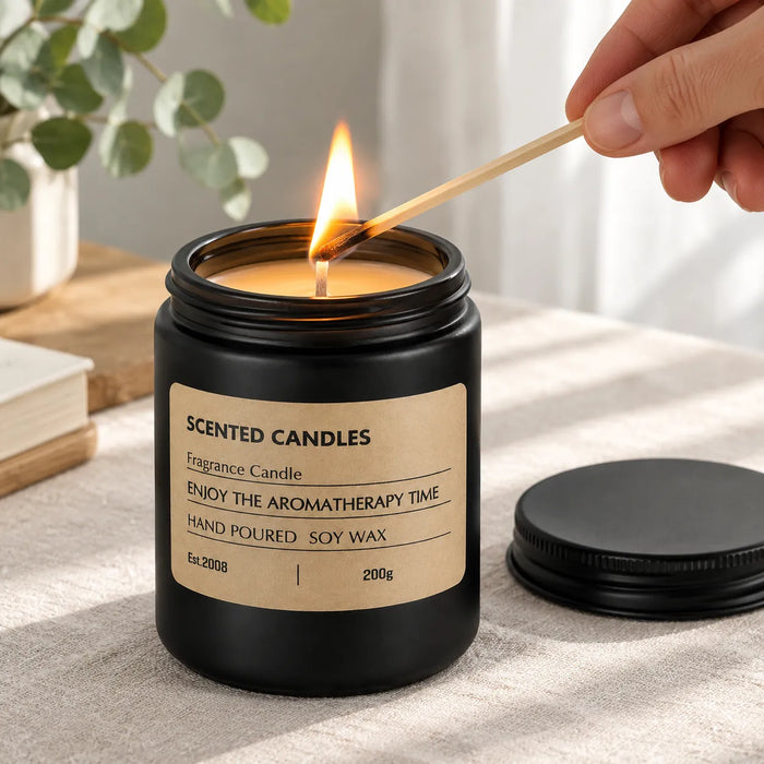 Lighting the wick of a soy wax scented candle with a long match