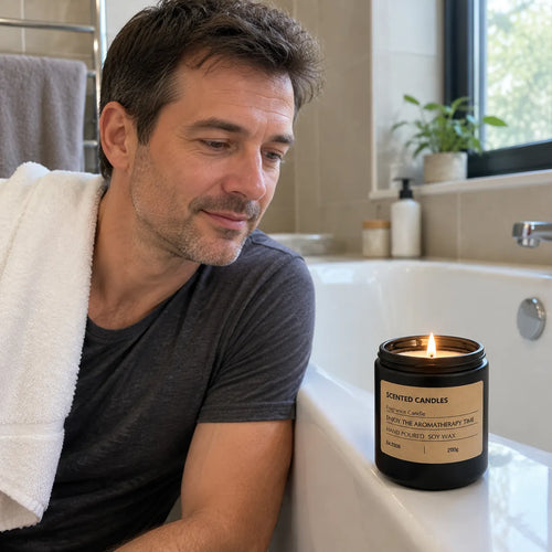 Man with a towel looking at a lit scented candle on the edge of a bathtub