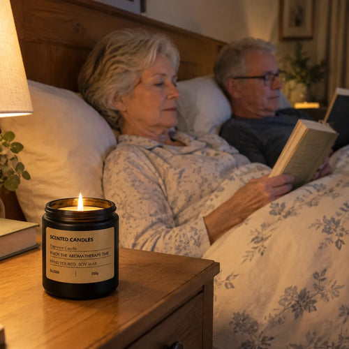 Couple reading in bed with a lit scented candle on the bedside table