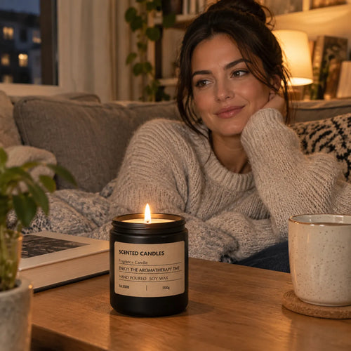 Woman relaxing on a sofa beside a lit scented candle on the coffee table
