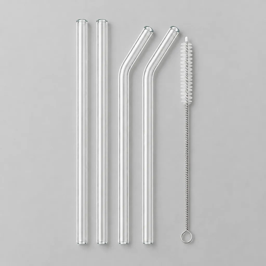 Glass straws set: 2 straight straws, 2 bent straws and 1 cleaning brush