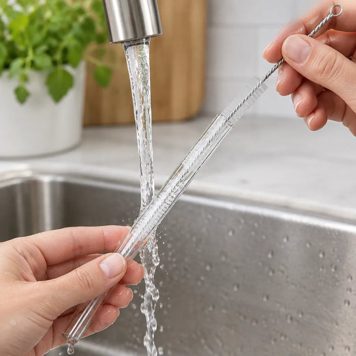Nettoyage d'une paille en verre avec le goupillon sous l'eau courante