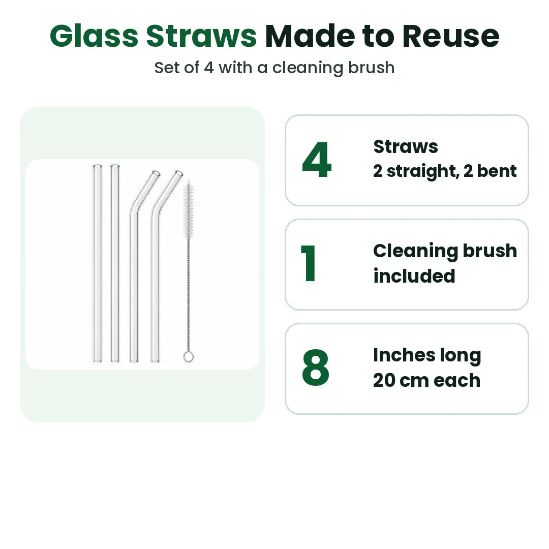Glass straws set of 4 with cleaning brush: 2 straight, 2 bent, 8 in / 20 cm long