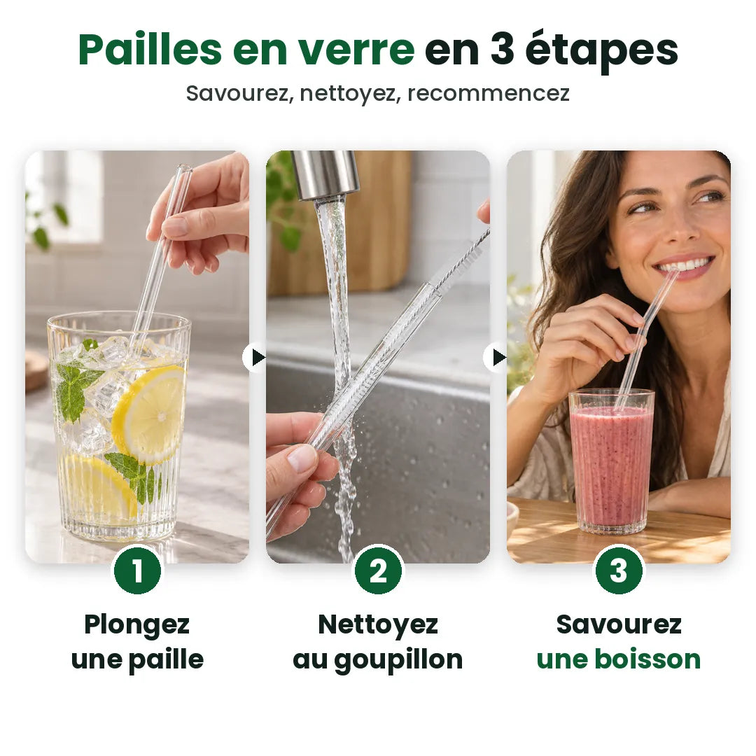 Trois étapes : plongez une paille en verre, nettoyez-la au goupillon, savourez une boisson froide