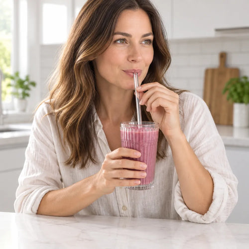 Femme buvant un smoothie avec une paille en verre réutilisable dans sa cuisine