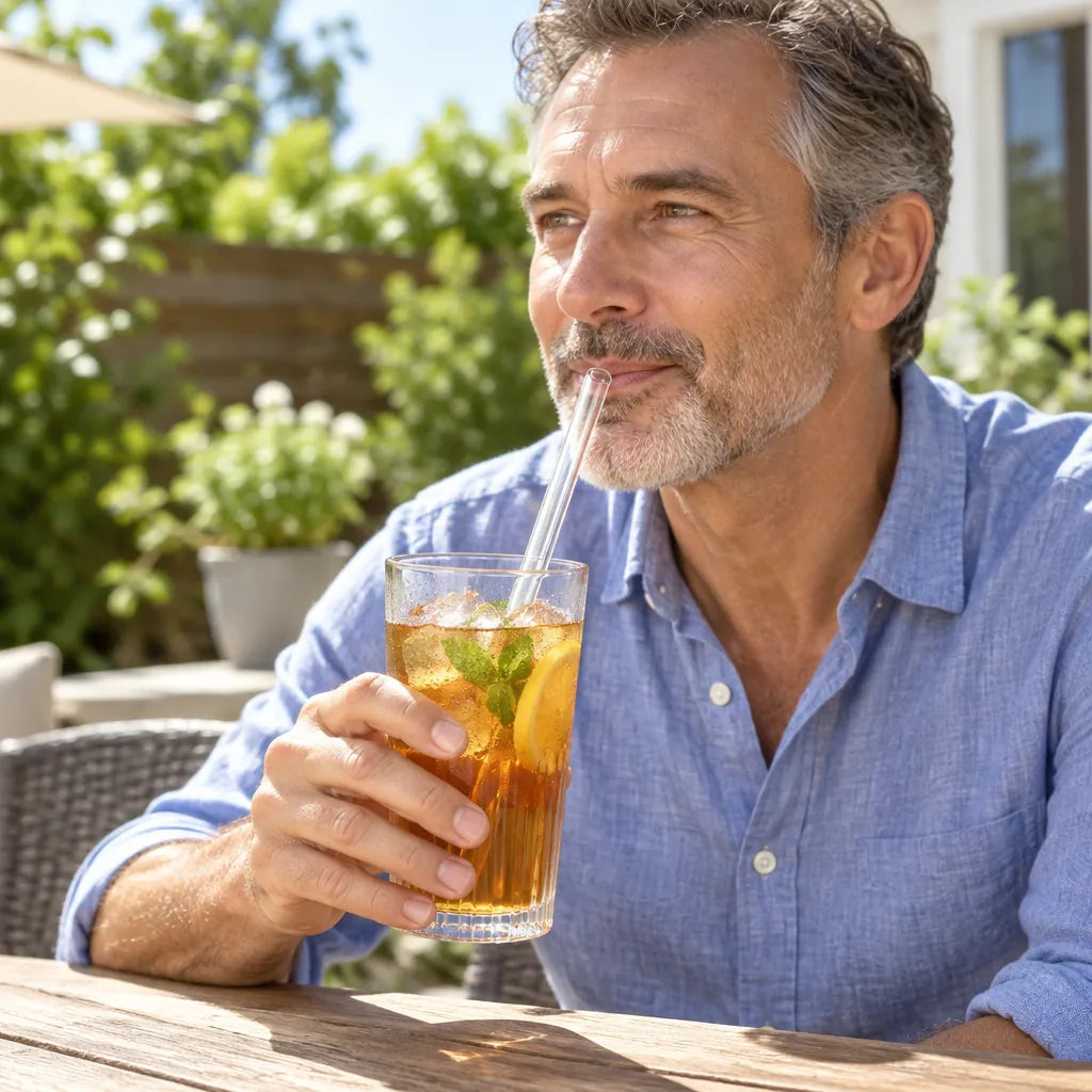 Man drinking iced tea with a glass drinking straw on a sunny patio