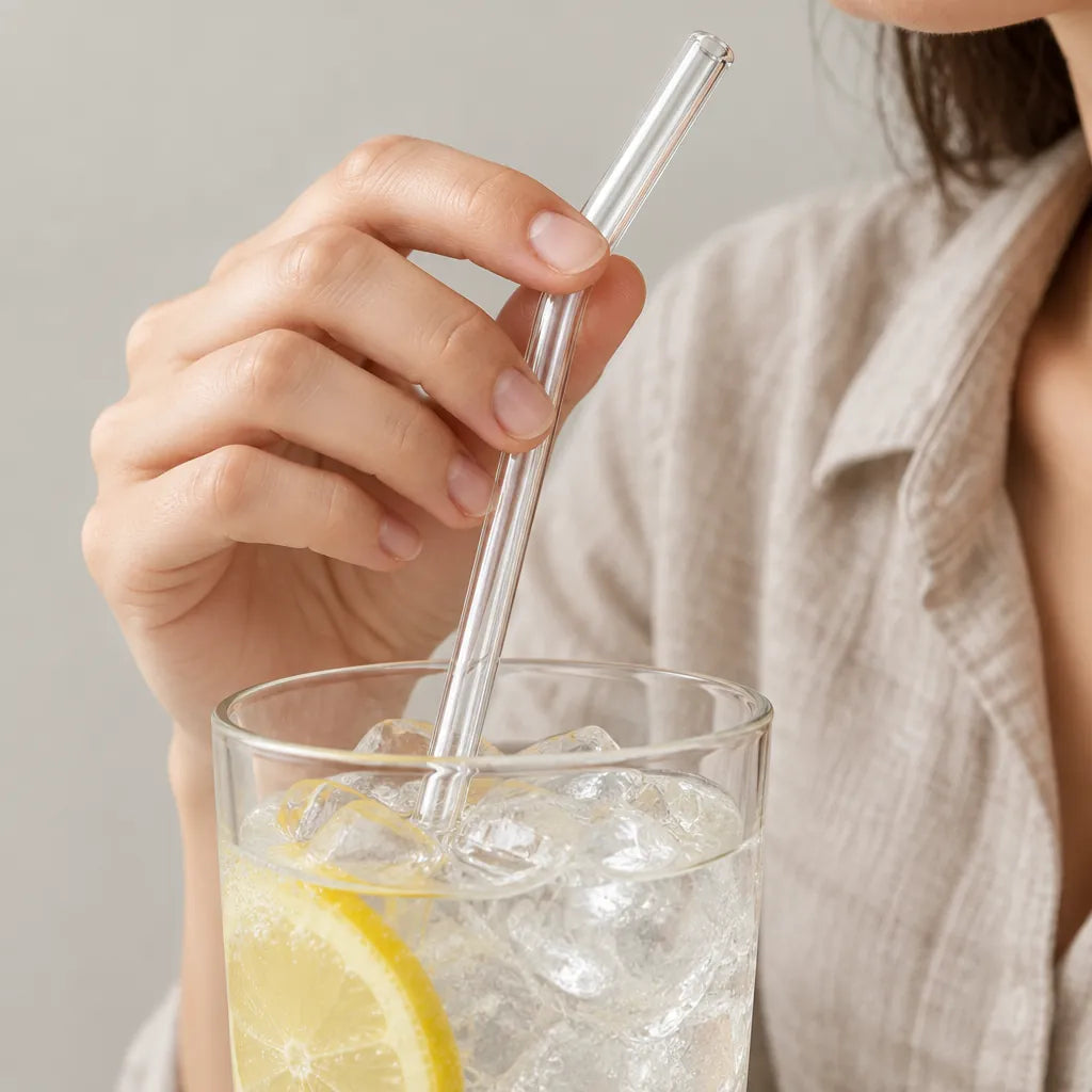 Main tenant une paille en verre transparent dans une boisson glacée au citron