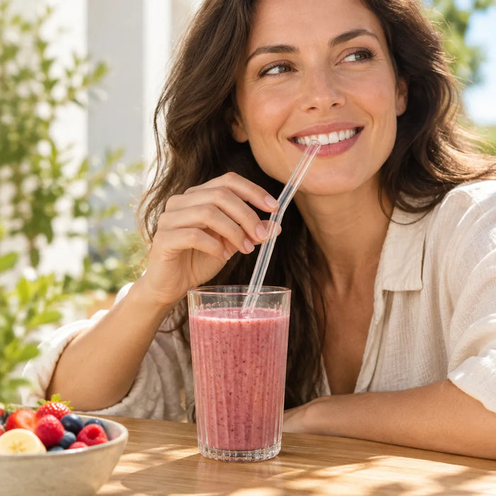 Femme souriante qui boit un smoothie aux fruits avec une paille en verre