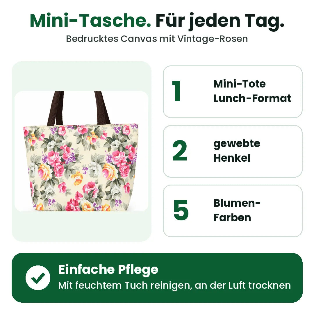 Mini Tote Bag aus Canvas mit zwei gewebten Henkeln, in fünf Blumen-Farben