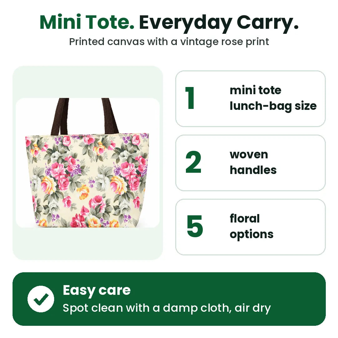 Mini canvas tote bag with two woven handles, offered in five floral options