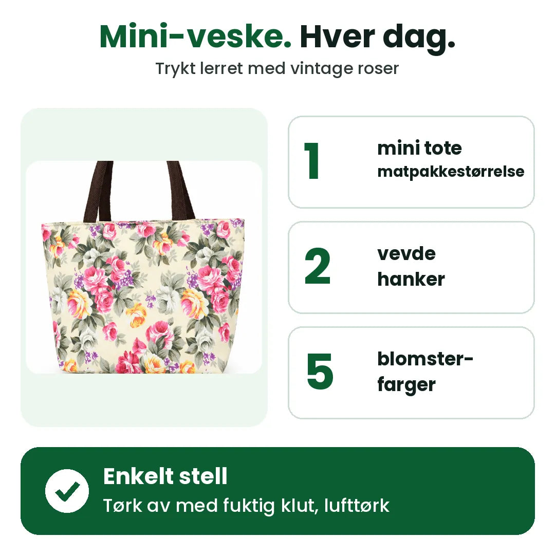 Liten tote bag i lerret med to vevde hanker, i fem blomsterfarger