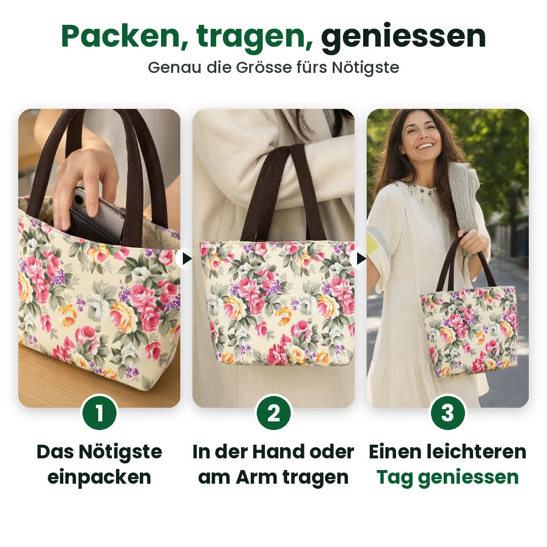 Drei Schritte mit der kleinen Handtasche: einpacken, tragen, geniessen