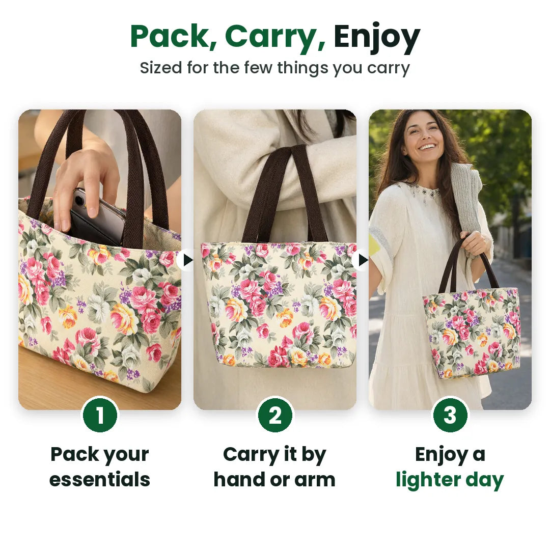 Three steps with a small floral tote bag: pack it, carry it, enjoy the day