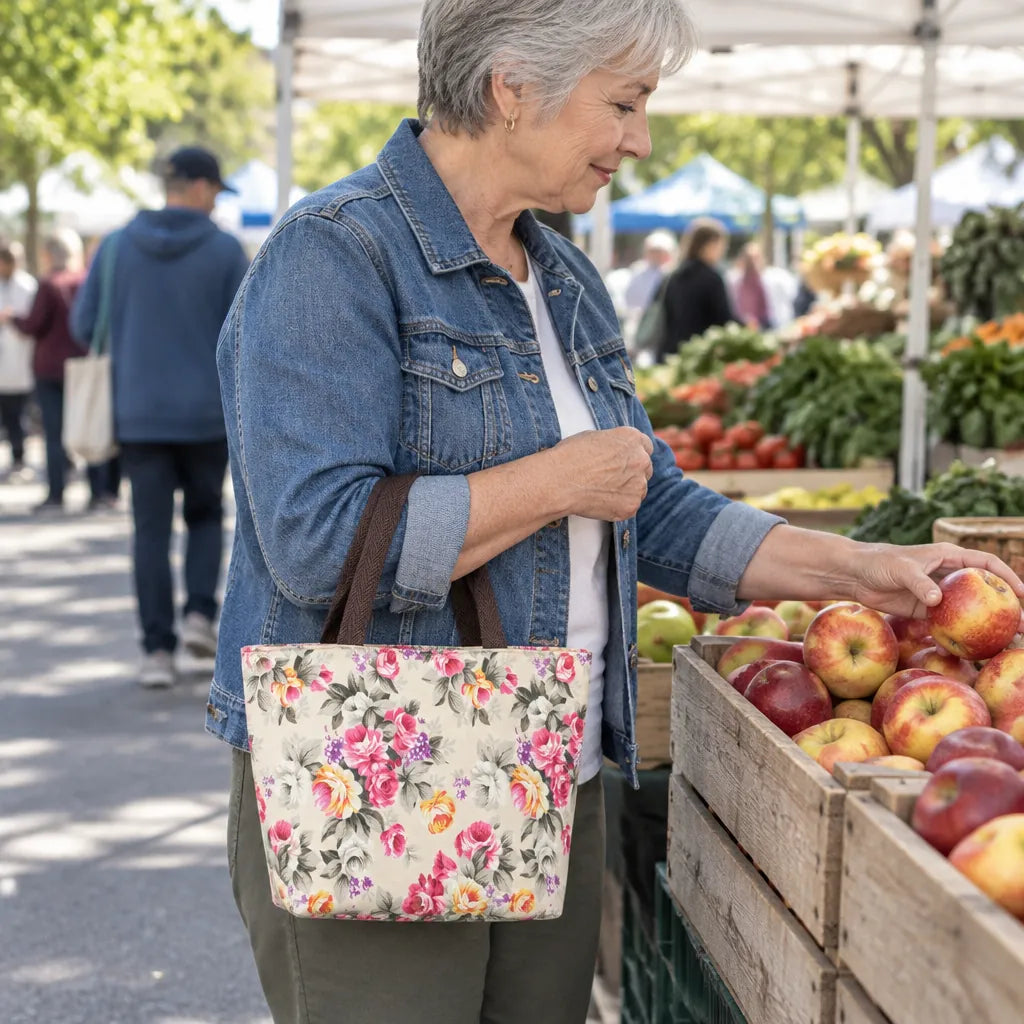 Woman in her 60s with a floral mini tote bag on her arm at a farmers market