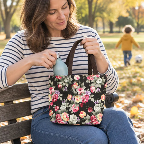 Mom on a park bench taking a bottle out of a black floral mini tote bag