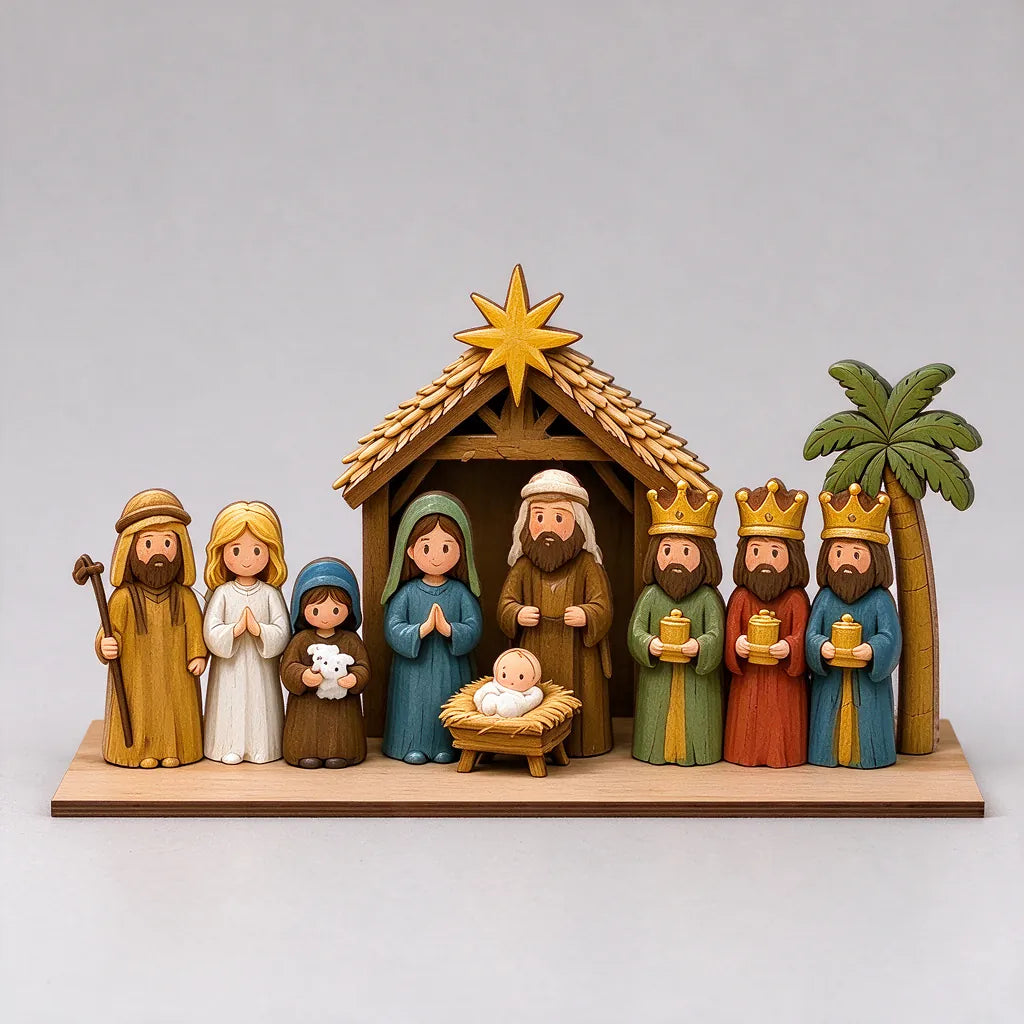 Flat wooden nativity set on a grey surface, a single set on one base