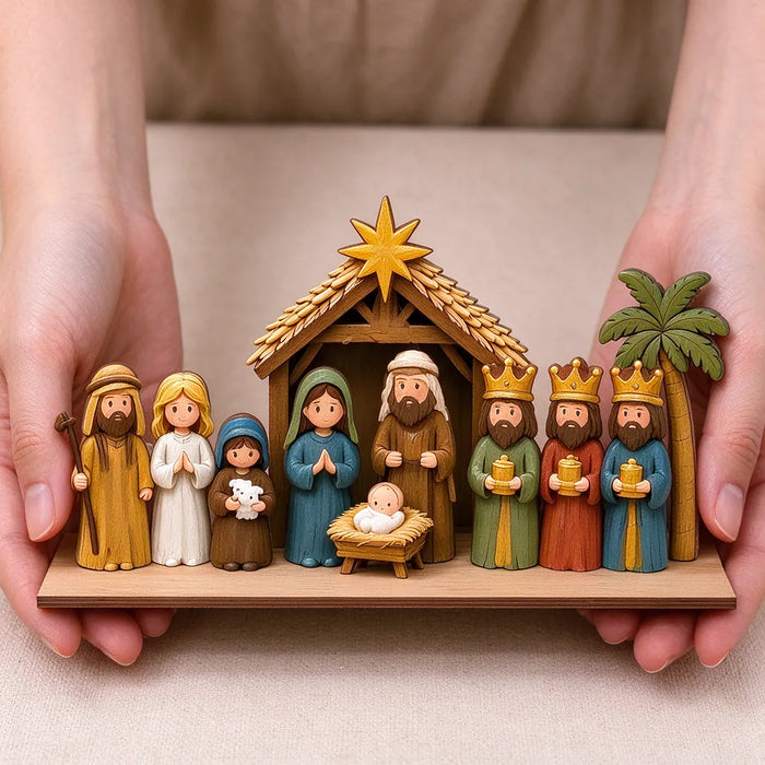 Hände nehmen die Holz-Weihnachtskrippe aus der Verpackung auf einen Tisch