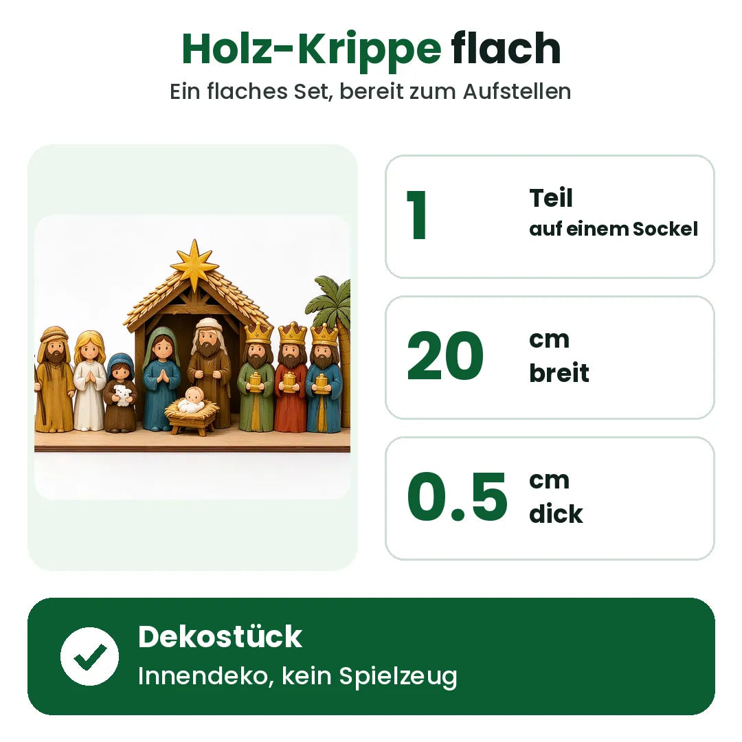 Fakten zur Holz-Weihnachtskrippe: 20 cm breit, 0,5 cm dick, ein Sockel