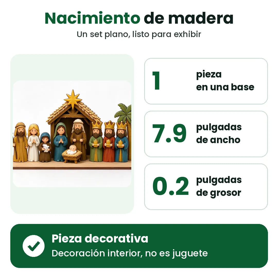 Datos del nacimiento de madera: 7.9 pulgadas de ancho, 0.2 de grosor, una sola base