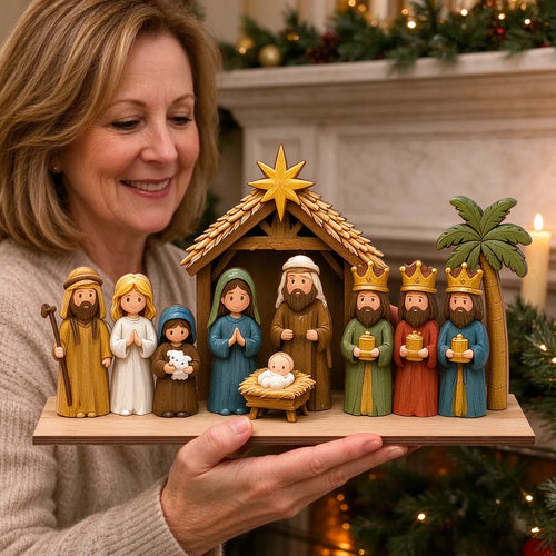 Frau stellt eine Holz-Weihnachtskrippe auf den weihnachtlich geschmückten Kaminsims
