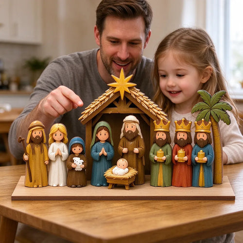 Vater und Tochter betrachten eine Holz-Weihnachtskrippe auf dem Esstisch