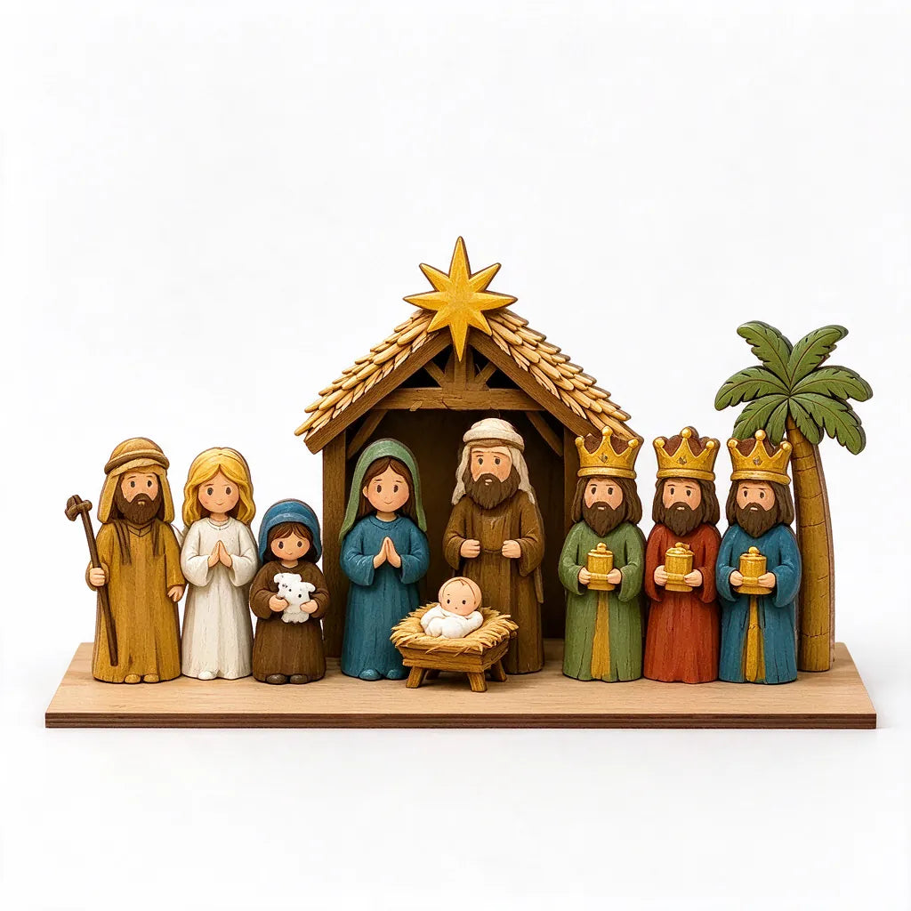Wooden nativity scene set with stable, figures and palm tree on a flat base, white background