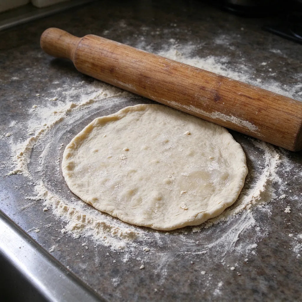 Hand-rolled uneven dough with a rolling pin and flour on a counter