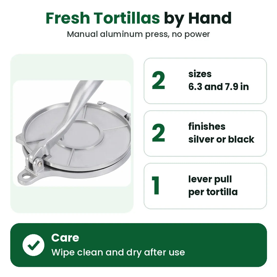 Manual aluminum tortilla press in two sizes and two finishes, no power needed