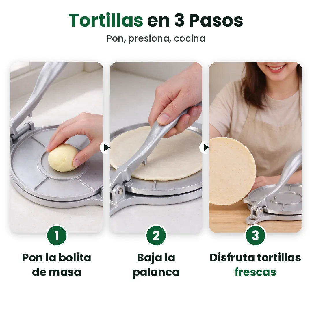 Tres pasos para prensar tortillas frescas: pon la masa, baja la palanca, disfruta