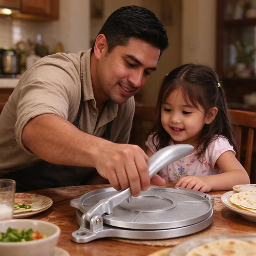 Father and daughter making tortillas with a manual tortilla press at the family table