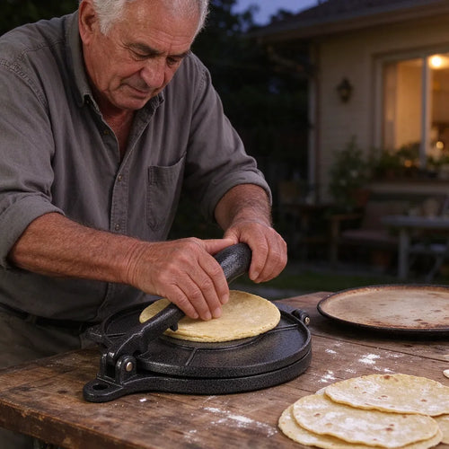 Older man pressing masa with a black tortilla press at an outdoor patio table