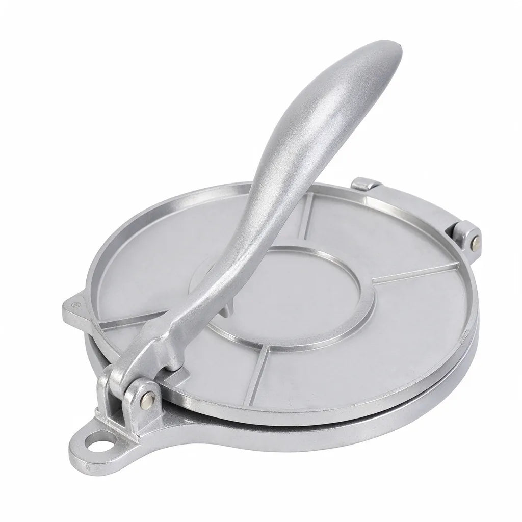 Silver aluminum manual tortilla press with lever up on a white background
