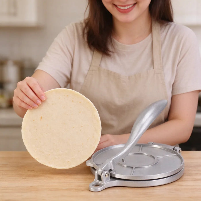 Smiling woman holding a freshly pressed tortilla round next to a manual tortilla press