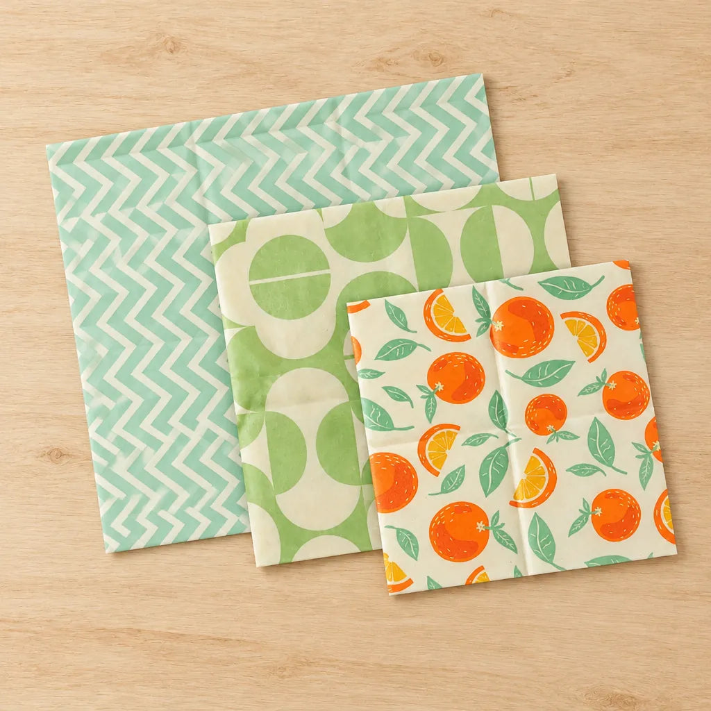 Beeswax wraps set: large mint chevron, medium green geometric and small orange print