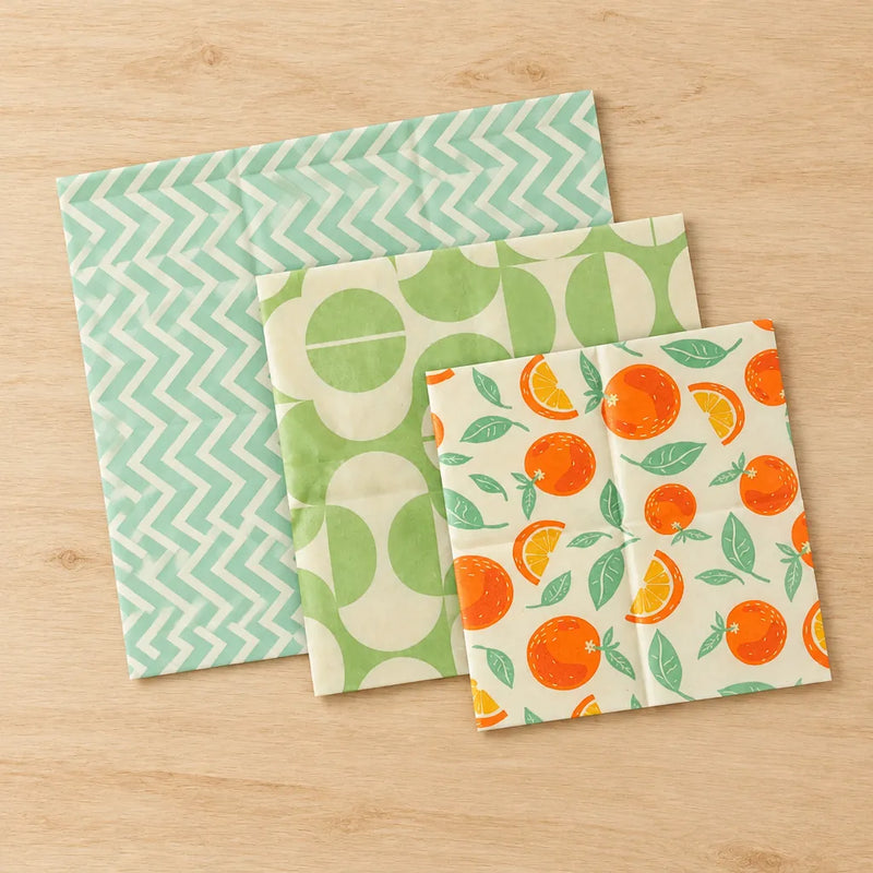Set of 3 beeswax wraps: mint chevron, green geometric and orange print