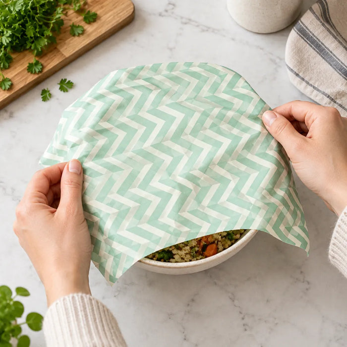 Laying a beeswax wrap over a bowl of leftovers on the kitchen counter