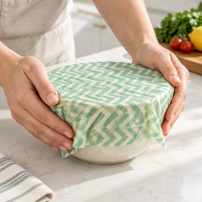 Warm hands sealing a beeswax food wrap around the rim of a bowl