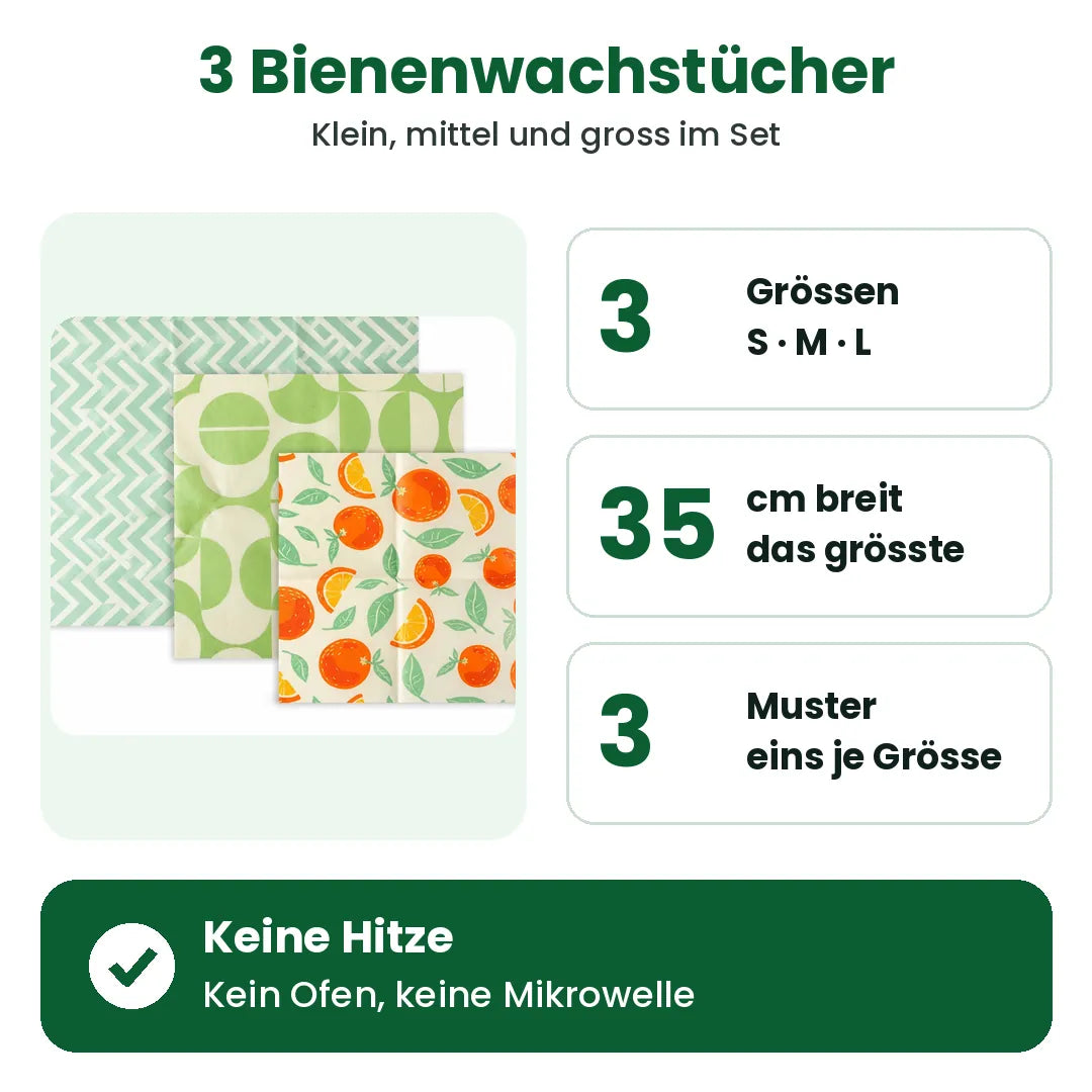 3er-Set Bienenwachstücher: klein, mittel und gross, das grösste 35 x 30 cm